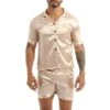 Ensemble Pyjama Beige Short Et Chemise En Satin Soyeux Pour Hommes -Mode Pyjamas Magasin ensemble pyjama beige short et chemise en satin soyeux pour hommes 8