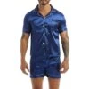 Ensemble Pyjama Bleu Short Et Chemise En Satin Soyeux Pour Hommes -Mode Pyjamas Magasin ensemble pyjama bleu short et chemise en satin soyeux pour hommes
