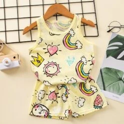 Ensemble Pyjama D’été En Coton Motif Arc-en-ciel Pour Enfants