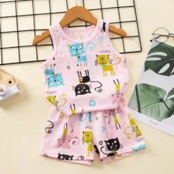 Ensemble Pyjama D’été En Coton Motif Chat Pour Enfants