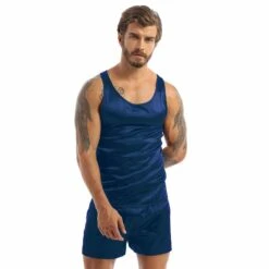 Ensemble Pyjama Bleu Foncé En Satin Pour Hommes