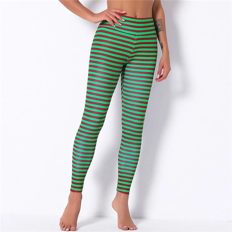 Leggings De Noel à Rayures Vertes Pour Femme 3 Leggings De Noel à Rayures Vertes Pour Femme