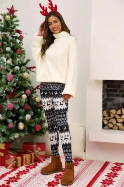 Leggings Noir Et Blanc De Noël Imprimé Pour Femmes -Mode Pyjamas Magasin leggings noir et blanc de noel imprime pour femmes 7