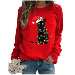 Pull Avec Chat De Noël à Manches Longues Pour Femme -Mode Pyjamas Magasin pull avec chat de noel a manches longues pour femme 1