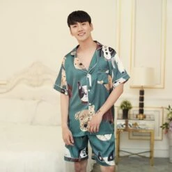 Pyjama Automne Deux Pièces Vert Foncé En Satin à Motif Chiens