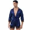 Pyjama Bleu En Satin à Manches Longues Pour Hommes Avec Bordure En Dentelle