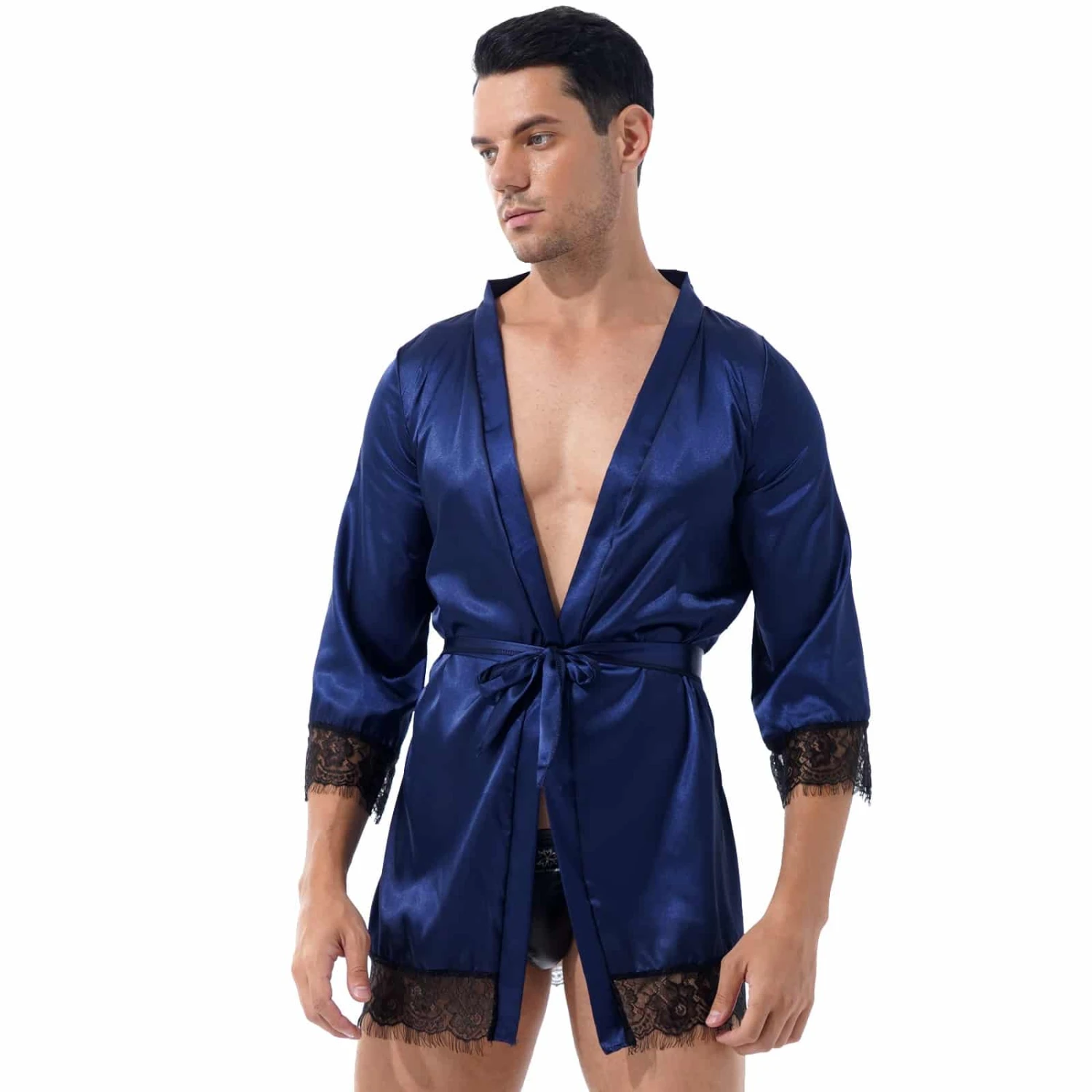 Pyjama Bleu En Satin à Manches Longues Pour Hommes Avec Bordure En Dentelle 3 Pyjama Bleu En Satin à Manches Longues Pour Hommes Avec Bordure En Dentelle