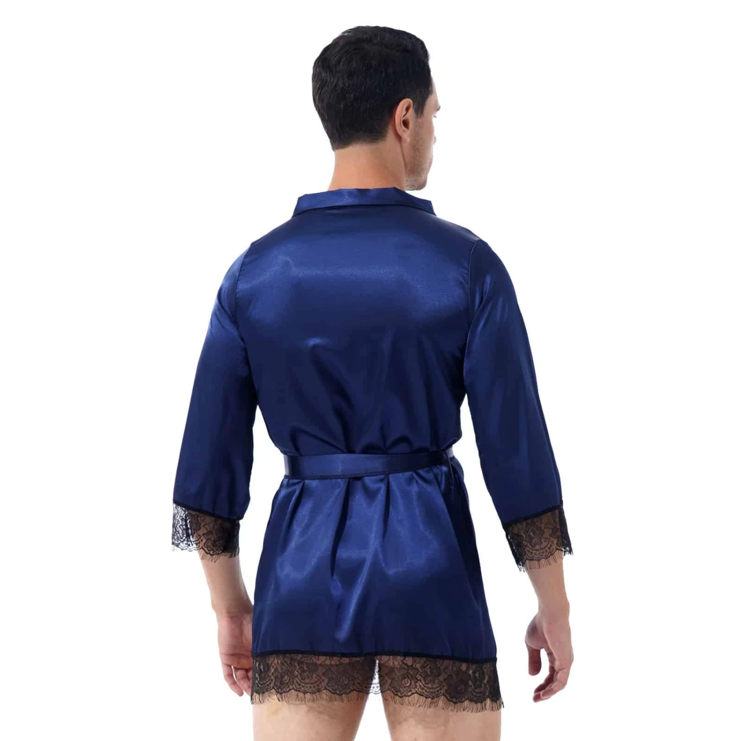 Pyjama Bleu En Satin à Manches Longues Pour Hommes Avec Bordure En Dentelle 6 Pyjama Bleu En Satin à Manches Longues Pour Hommes Avec Bordure En Dentelle – Image 4