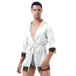 Pyjama Blanc En Satin à Manches Longues Pour Hommes Avec Bordure En Dentelle