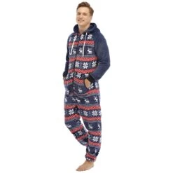 Pyjama Combinaison Bleue Imprimé En Flanelle Pour Homme -Mode Pyjamas Magasin pyjama combinaison bleue imprime en flanelle pour homme 4