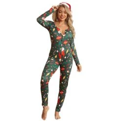 Pyjama Combinaison Sexy Verte Manches Longues Pour Femmes