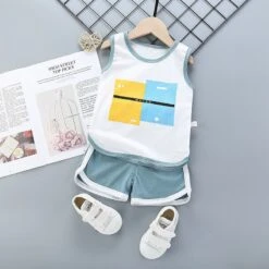 Pyjama D’été Débardeur Blanc Et Short Bleu Gris En Coton