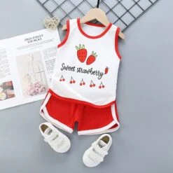 Pyjama D’été Débardeur Motif Fraise Et Short Rouge En Coton