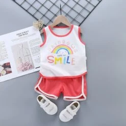 Pyjama D’été Débardeur Blanc Et Short Rouge En Coton