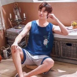 Pyjama T-shirt Bleu Sans Manche Et Short Gris Pour Homme