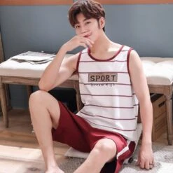 Pyjama D’été Blanc Rayé Rouge Sans Manche Et Short Rouge Pour Homme