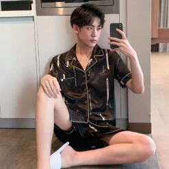 Pyjama D’été En Soie Noir Pour Homme
