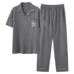 Pyjama D’été Homme Gris Rayé Avec Pantalon Et Chemise Manches Courtes