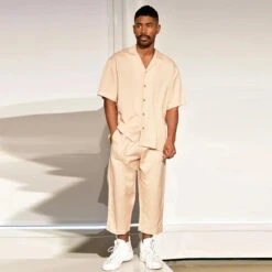 Pyjama D’été Homme Léger Beige Avec Pantalon Et Chemise Manches Courtes