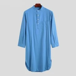 Pyjama été Homme Robe De Nuit Bleue En Coton -Mode Pyjamas Magasin pyjama d ete homme robe de nuit bleue en coton 4