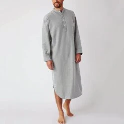 Pyjama été Homme Robe De Nuit Grise En Coton -Mode Pyjamas Magasin pyjama d ete homme robe de nuit grise en coton
