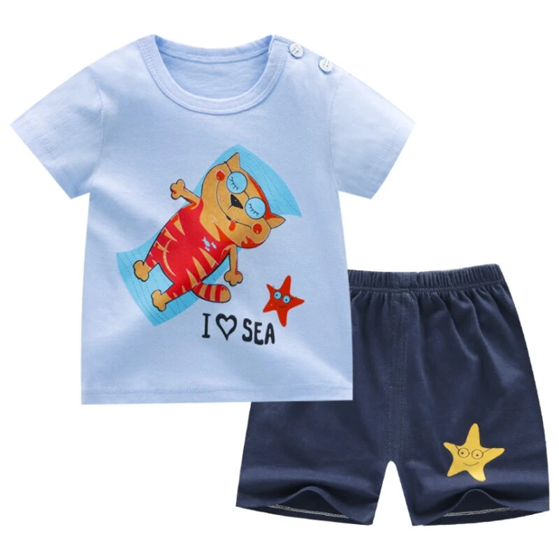 Pyjama D’été T-shirt Et Short Bleu Motif Chat Pour Enfants 3 Pyjama D’été T-shirt Et Short Bleu Motif Chat Pour Enfants