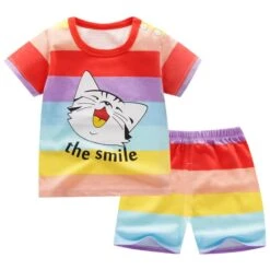 Pyjama D’été Rayé Arc-en-ciel Motif Chat Pour Enfants