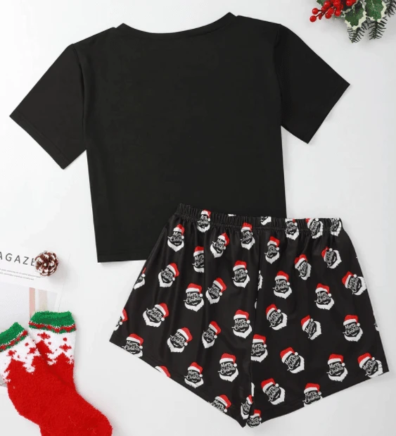 Pyjama De Noel Drôle à Manches Courtes Pour Femmes Noir Merry Christmas 5 Pyjama De Noel Drôle à Manches Courtes Pour Femmes Noir Merry Christmas – Image 3