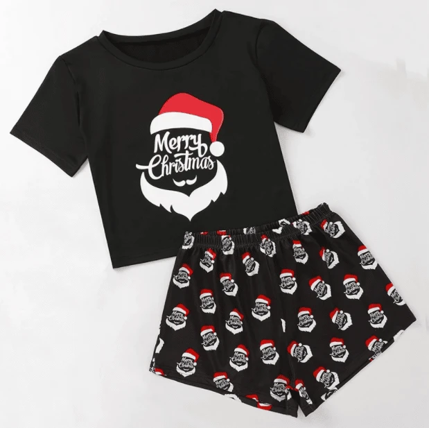 Pyjama De Noel Drôle à Manches Courtes Pour Femmes Noir Merry Christmas 3 Pyjama De Noel Drôle à Manches Courtes Pour Femmes Noir Merry Christmas