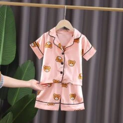 Pyjama D’été Rose En Coton Motif Ours Pour Enfants