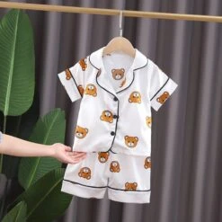 Pyjama D’été Blanc En Coton Motif Ours Pour Enfants