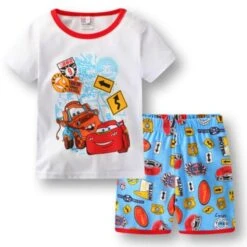 Pyjama T-shirt Blanc Et Short Bleu Motif Cars