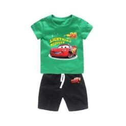 Pyjama Deux Pièces T-shirt Vert Et Short Noir Motif Cars