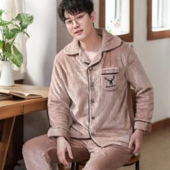 Pyjama En Polyester Pour Homme Motif Ligné -Mode Pyjamas Magasin pyjama en polyester pour homme motif ligne marron xxxl