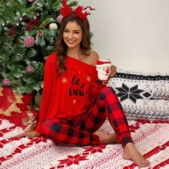Pyjama Imprimé De Noël Pour Femmes épaules Dénudées
