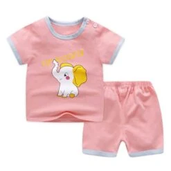 Pyjama Rose Deux Pièces Manches Courtes En Coton Motif éléphant