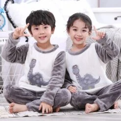 Pyjama Gris Deux Pièces En Flanelle à Motif Dinosaure Pour Enfant