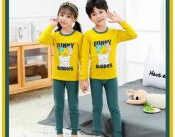 Pyjama Printemps Avec Pull Jaune Et Pantalon Vert Pour Enfants -Mode Pyjamas Magasin pyjama printemps avec pull jaune et pantalon vert pour enfants 1