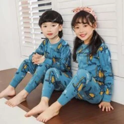 Pyjama Printemps Bleu à Motif Dinosaure Pour Enfants